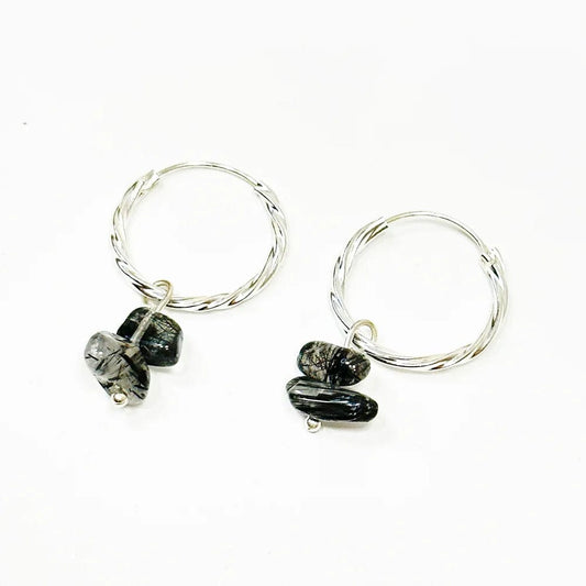 Pendientes Aro con Cuarzo blanco y Turmalina negra