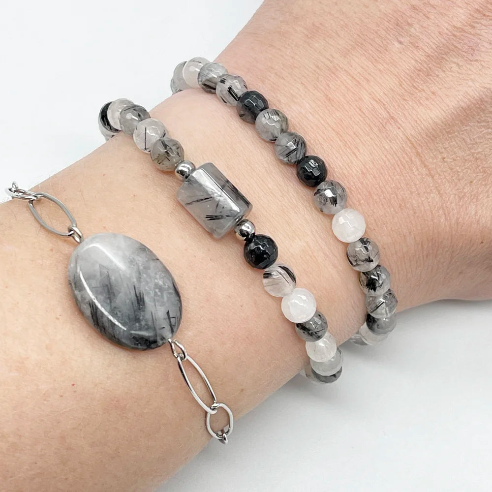 Pulsera de Cuarzo Blanco y Turmalina bolitas