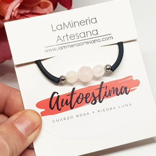 pulsera autoestima, pulsera elastica, cuarzo rosa, pidera luna, joyeria artesana, los minerales y sus propiedades