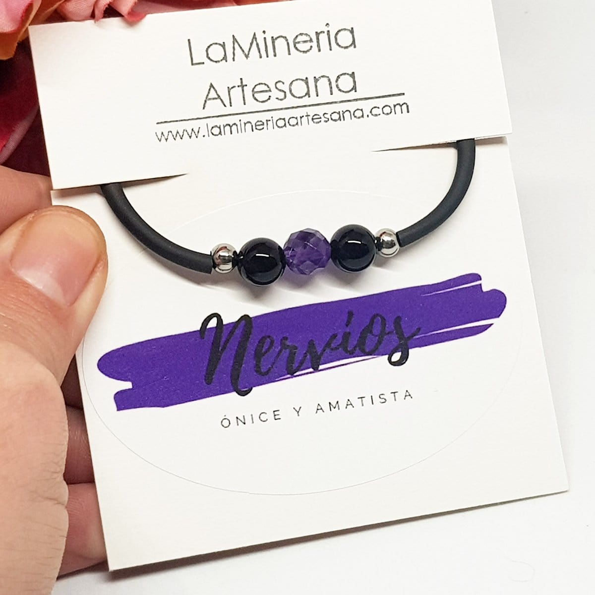 Pulsera para los nervios, nervios, amatista, onix, pulsera con minerales naturales, pulseras, minerales naturales, pulseras elasticas, cristaloterapia<