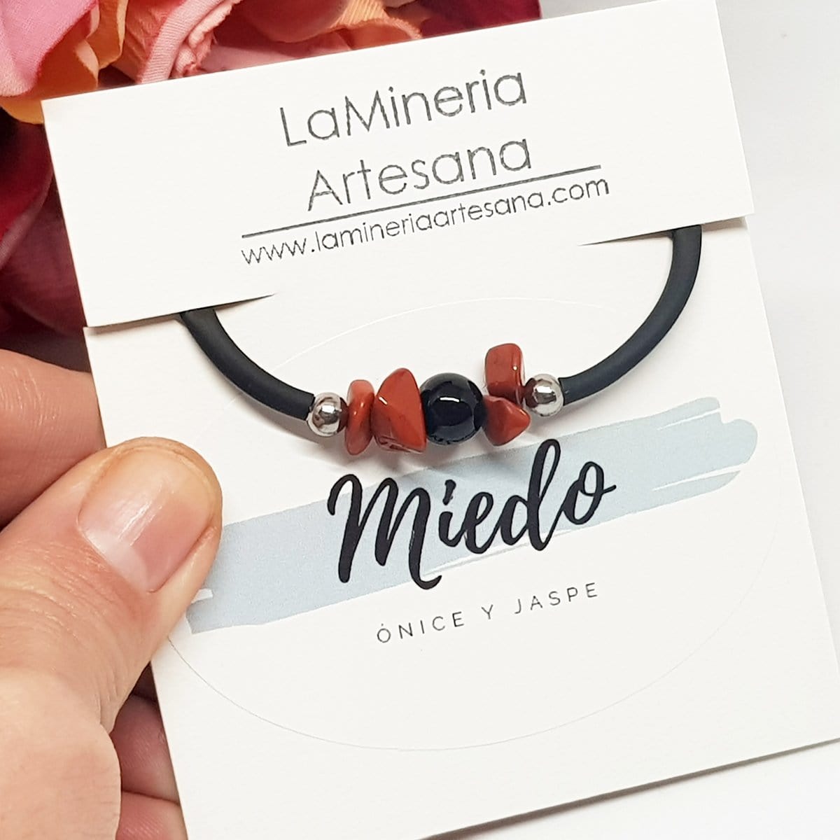 Pulsera para los nervios, minerales nervios, onix, jaspe rojo, pulsera elastica, minerales naturales, las propiedades de los minerales, joyas artesana, regalos originales, cristaloterapia