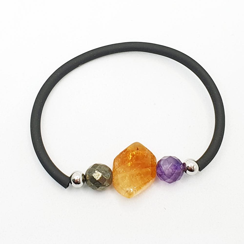 Pulsera estudios, pulsera con minerales naturales, pulseras, minerales naturales, pulseras elasticas, cristaloterapia, pirita, amatista, citrina y acero inoxidable