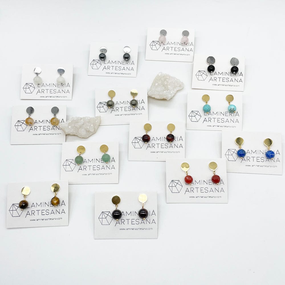 pendientes clásicos, pendientes cortos, pendientes de minerales, pendientes de piedras naturales, piedras y sus propiedades, piedras magicas, lamineria artesana, joyaria artesana,