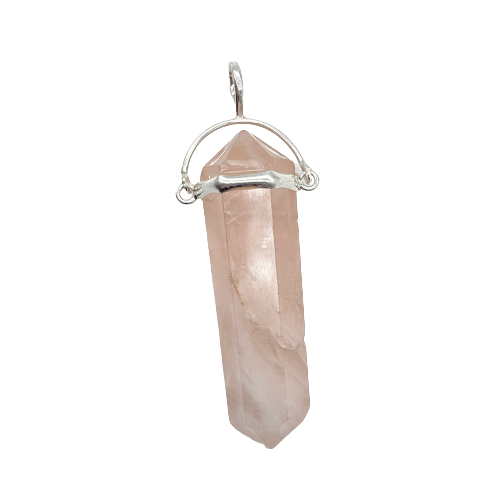Punta de Cuarzo rosa, Colgante cuarzo rosa, colgantes minerales, la piedra del amor, piedras magicas, lamineria artesana, plata y minerales, propiedades de los minerales