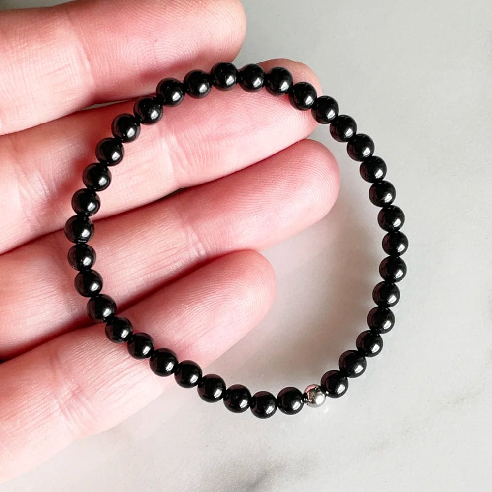Pulsera elástica de turmalina negra natural con bolitas de 4 mm
