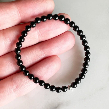 Pulsera elástica de turmalina negra natural con bolitas de 4 mm
