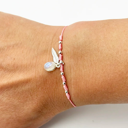 Pulsera hilo con Piedra Luna y pluma