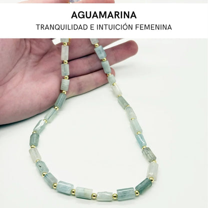 Collar de Aguamarina Natural · Plata Bañada en Oro