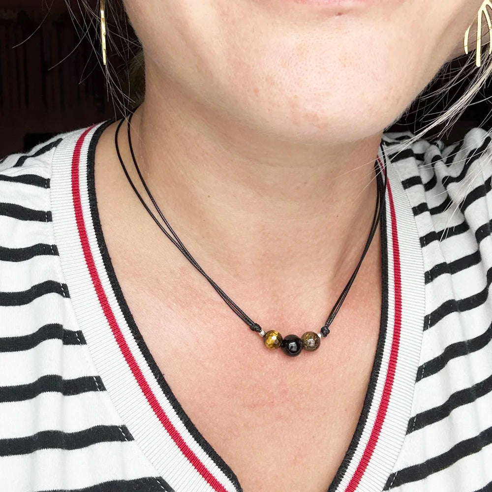 Collar de cordón con tres bolas de minerales naturales y plata 925, LaMineria Artesana