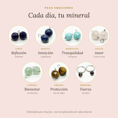 Los 7 minerales del Pack Emociones, uno para cada día: amatista, lapislázuli, turquesa, cuarzo rosa, aventurina, ojo de tigre y granate
