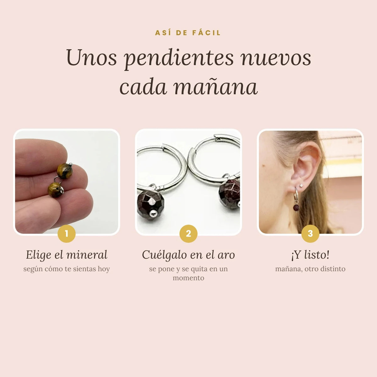 Cómo se llevan los pendientes intercambiables: elige el mineral, cuélgalo en el aro y póntelo