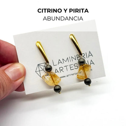 Pendientes Abundancia con Pirita y Citrino natural tallado