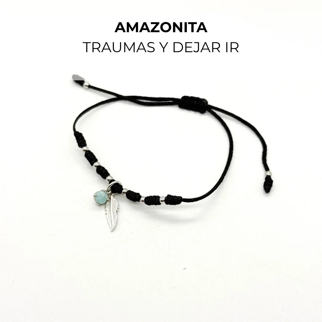 Pulsera de hilo con  amazonita natural y bolitas de plata