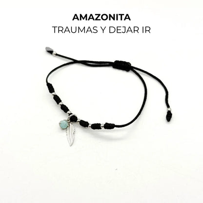 Pulsera de hilo con  amazonita natural y bolitas de plata