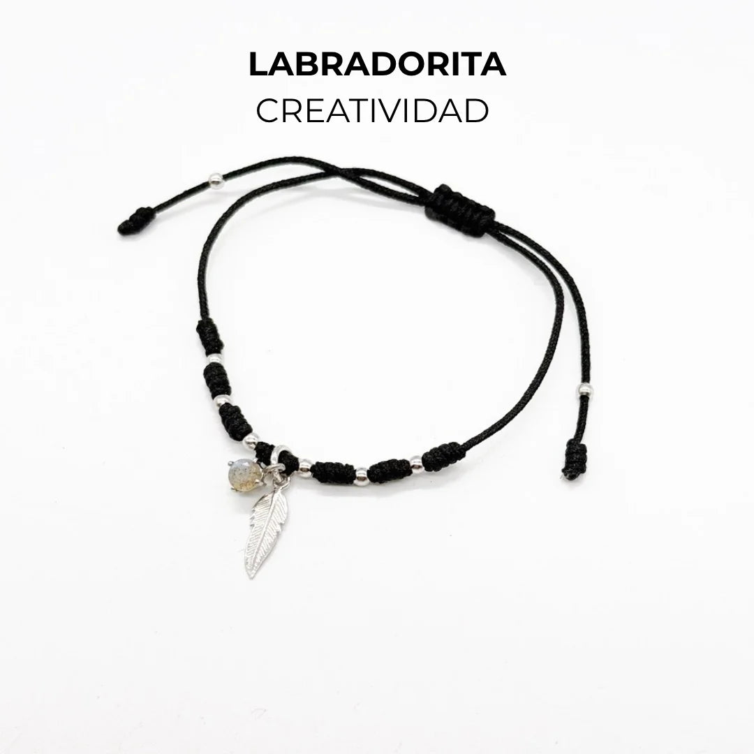 Pulsera de hilo con labradorita natural y bolitas de plata