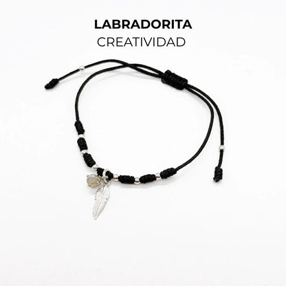 Pulsera de hilo con labradorita natural y bolitas de plata