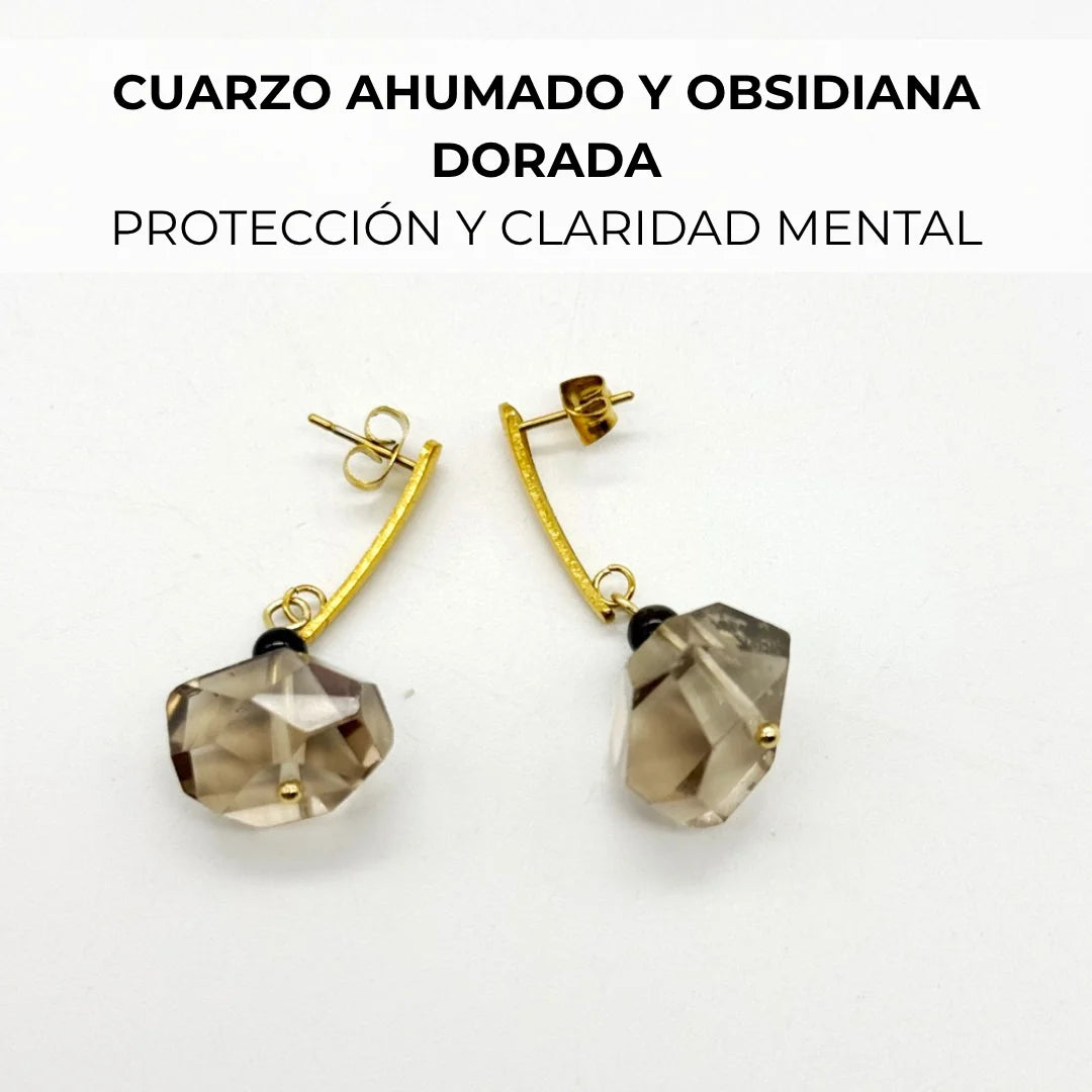 Pendientes de Cuarzo Ahumado y Obsidiana Dorada en acero inoxidable bañado en oro