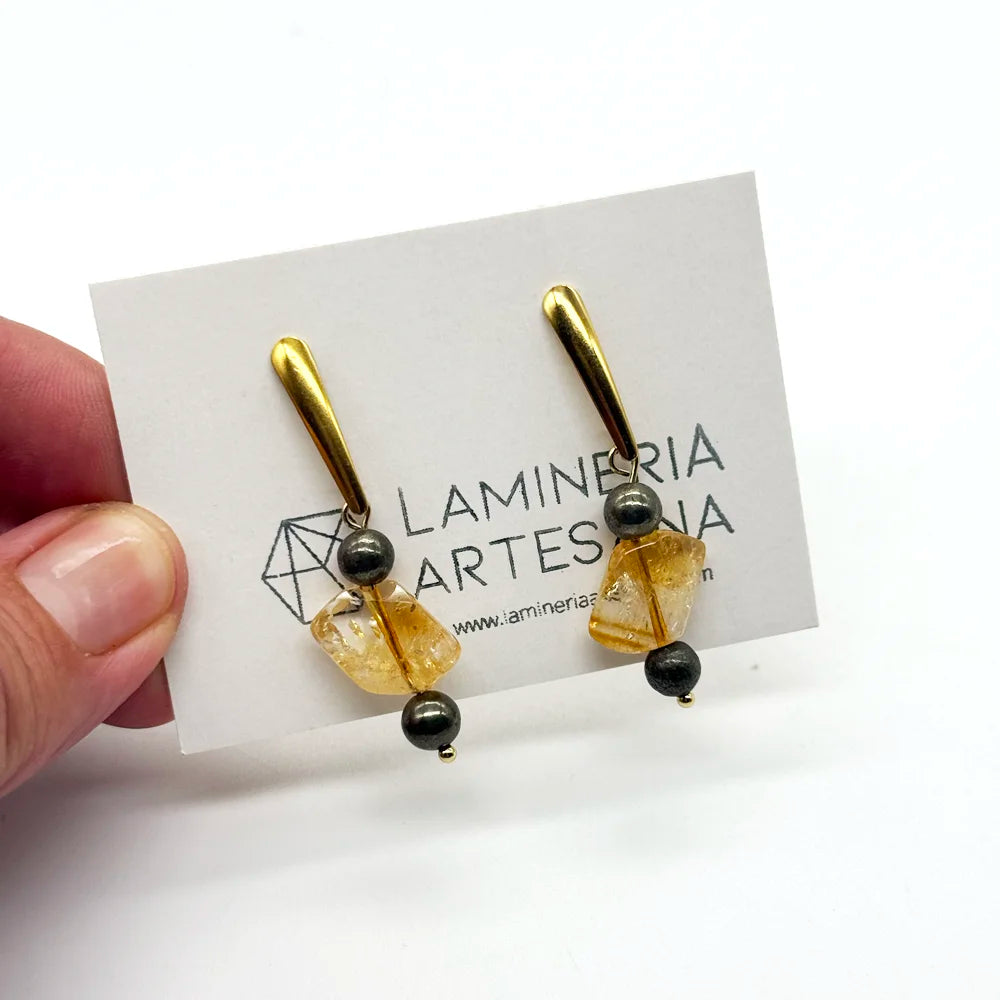 Pendientes de Pirita y Citrino natural de LaMineria Artesana