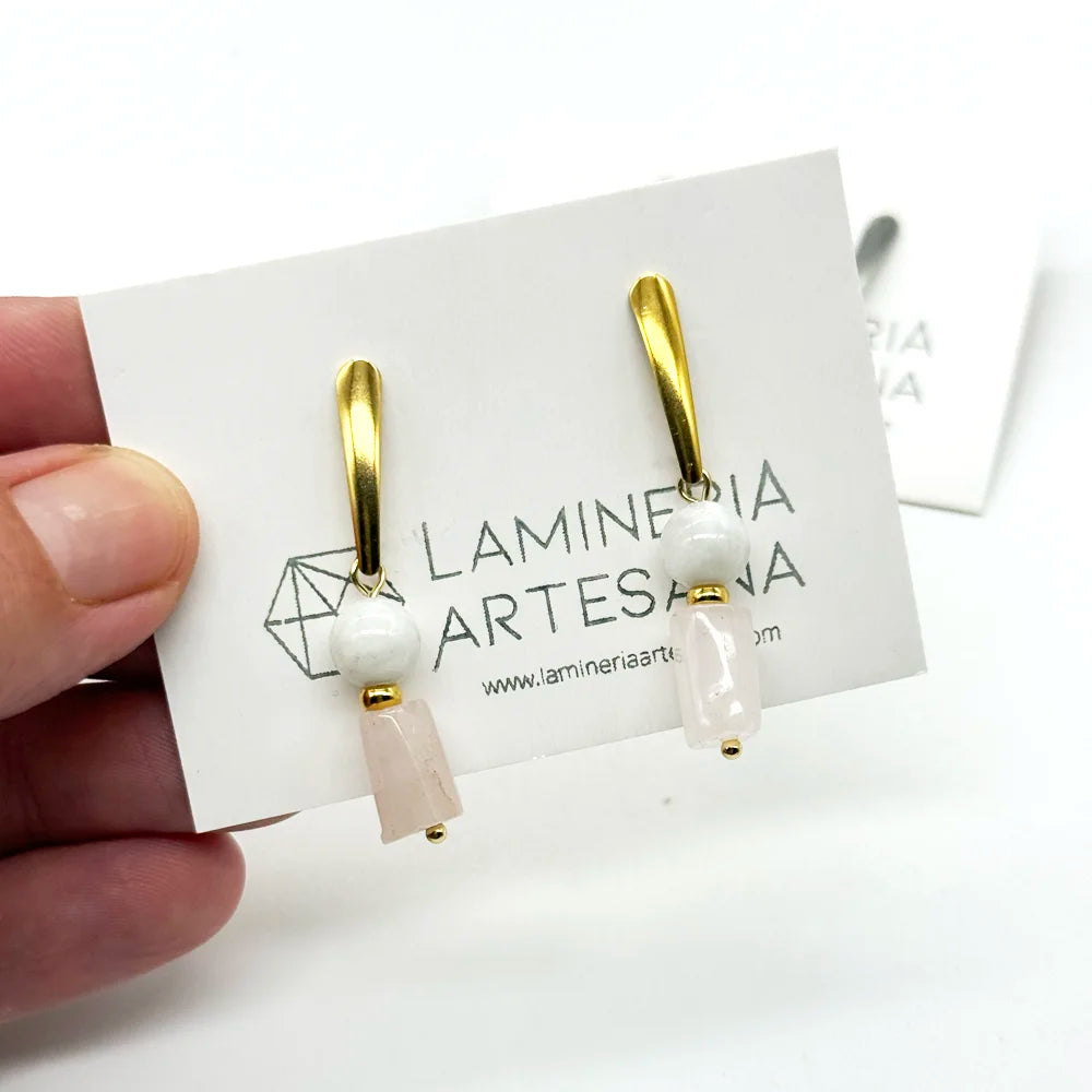 Pendientes de Cuarzo Rosa y Piedra Luna de LaMineria Artesana