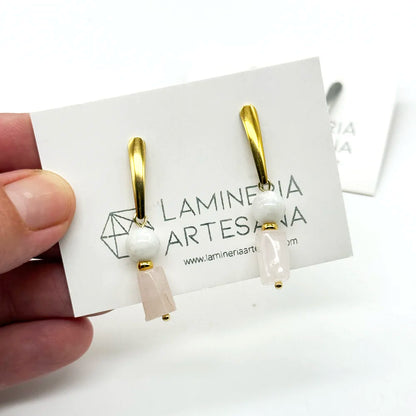 Pendientes de Cuarzo Rosa y Piedra Luna de LaMineria Artesana