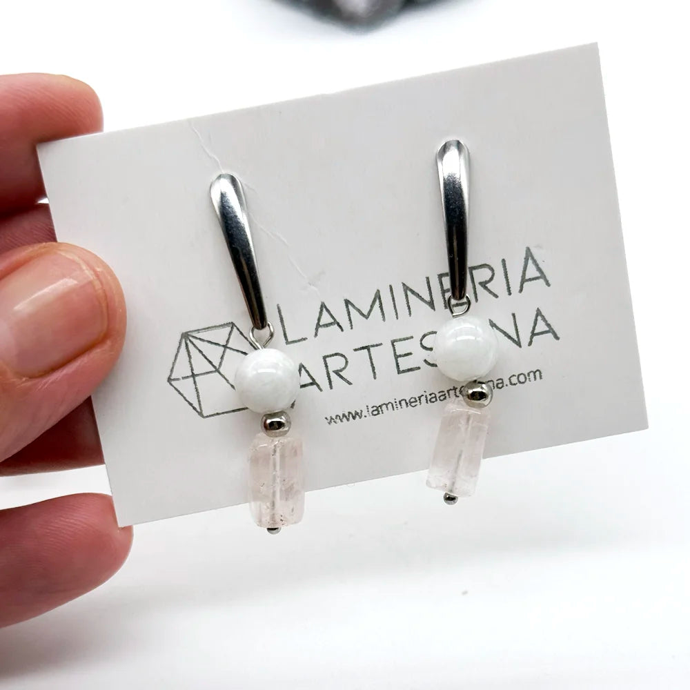 Pendientes de Cuarzo Rosa y Piedra Luna en acero inoxidable en plata y bañado en oro