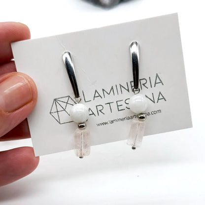 Pendientes de Cuarzo Rosa y Piedra Luna en acero inoxidable en plata y bañado en oro